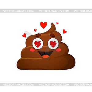 Cartoon poop emoji, funny poo with love heart eyes - vector image