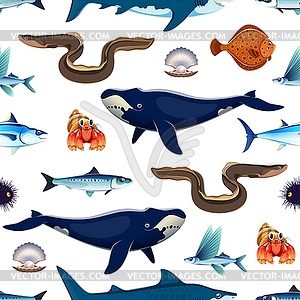 Cartoon sea animals and fish seamless pattern - vector image
