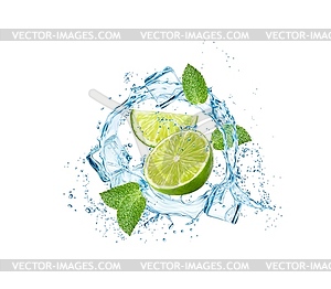 Mojito drink, lime fruits, water splash, ice cubes - vector clipart