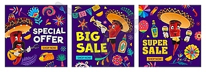 Mexican holiday sale banners with chili musicians - vector image