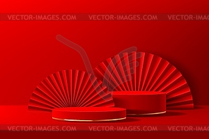 Red Chinese podium stage with golden rings and fan - vector clipart