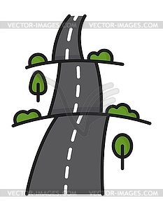 Road color line icon, highway roadway with trees - vector image