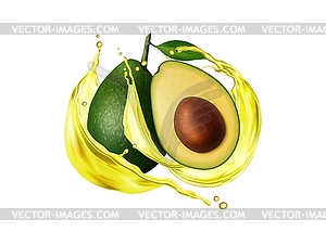 Realistic avocado in oil swirl with splash drops - vector clip art