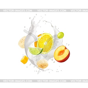 Йогуртовый напиток splash, молочный коктейль swirl и тропические фрукты - изображение векторного клипарта