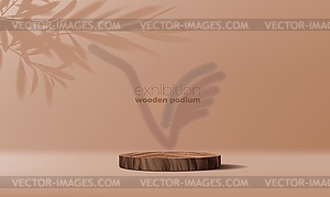 Round wooden podium, empty stage and bamboo leaves - vector clip art