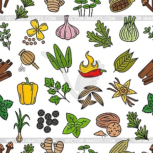 Spice, herbs and seasonings seamless pattern - vector clip art