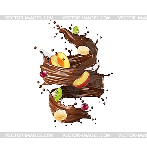 Chocolate yogurt or choco milk swirl with fruits - vector image