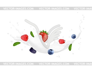 Йогуртовый напиток, молочный всплеск, сливочная волна с ягодами - изображение в векторном формате