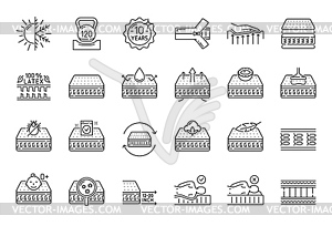 Bed orthopedic memory mattress outline icons - vector image