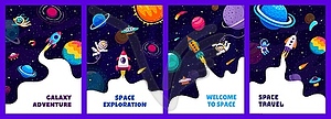 Space posters and flyers. Cartoon kid astronauts - vector image