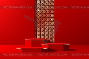 Red Chinese podium stage with golden lattice - vector EPS clipart