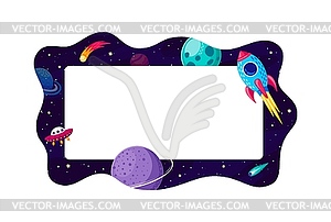 Cartoon galaxy space kid frame, border with rocket - vector image