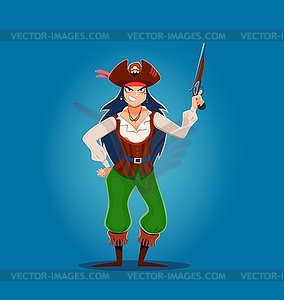 Cartoon woman pirate captain corsair with pistol - vector image