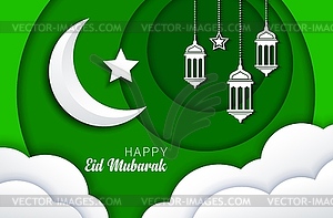 Eid Mubarak, Ramadan Kareem green paper cut banner - vector image