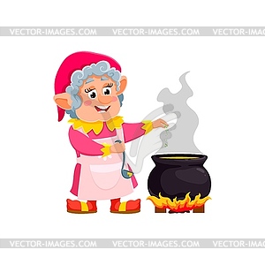 Cartoon gnome female character cooking in pot - vector image