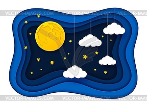 Вырезанный из бумаги фон ночного лунного неба, звезд, облаков - векторное изображение