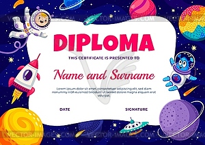 Astronaut diploma with kid spaceman, space planets - vector clipart