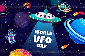 Баннер Всемирного дня НЛО с забавной тарелкой инопланетян - изображение в формате EPS