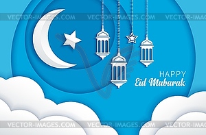 Eid Mubarak paper cut background and crescent moon - vector clip art