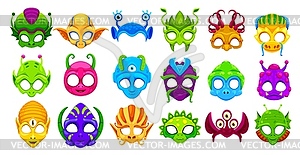 Photo booth space alien masks props, kids avatars - vector image