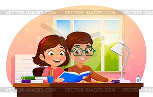 Cartoon boy and girl studying homework together - vector image