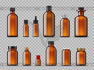 Amber bottles, cosmetic oil, pharmaceutical mockup - vector image