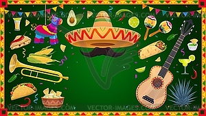 Mexican holiday banner frame with guitar, maracas - vector image