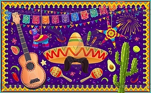 Mexican holiday banner with sombrero, pinata - vector clip art