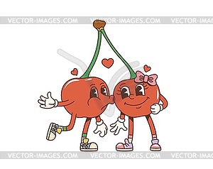 Cartoon retro valentine groovy kissing cherries - vector clipart