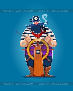 Cartoon pirate with steering wheel, smoking pipe - vector clipart