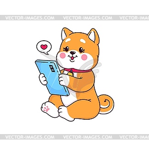 Cartoon Japanese happy shiba inu with smartphone - vector image