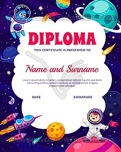 Kids diploma with spaceman boy, alien and planets - color vector clipart