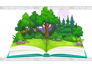 Opened book with green forest meadow and trees - vector image