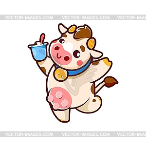 Happy cow cartoon character dancing with yoghurt - vector clipart