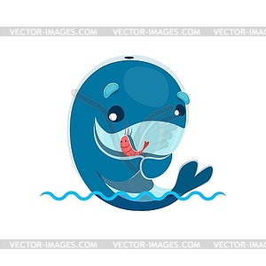 Cartoon cute kawaii whale character with shrimp - vector clip art