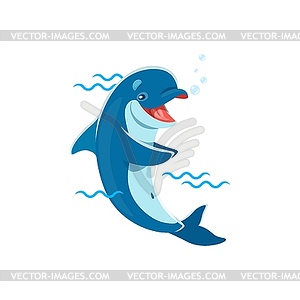 Cartoon dolphin character playing in blue waves - vector clipart