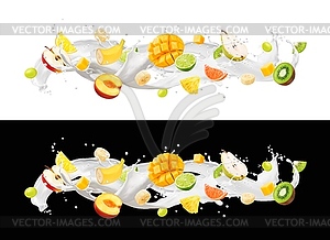 Yogurt, cream or milk splash with tropical fruits - vector image