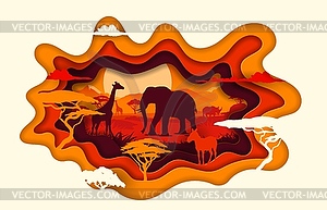 Африканский пейзаж, вырезанный из бумаги, с животными на закате - векторный клипарт