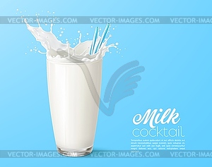 Realistic milk milkshake glass with straw splash - vector image