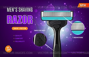 Realistic razor shaving blade 3d ads banner - vector clip art