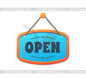 Open board sign, shop signboard, hanging banner - vector image