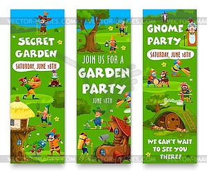 Cartoon garden gnome and dwarf characters, houses - vector EPS clipart