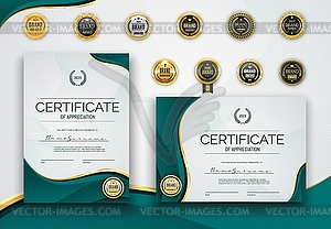 Бирюзовый сертификат диплом с золотыми печатями - изображение в векторном виде