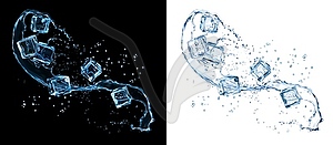 Water splash with ice cubes and splatters, 3d - vector image