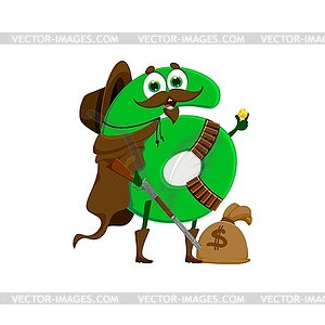 Cartoon cowboy robber number six with money sack - vector image
