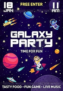 Galaxy party flyer with astronaut riding rocket - vector clipart