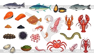 Cartoon seafood and fish, food, sea animals - vector clip art