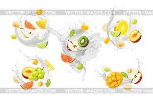 Realistic yogurt drink splash, milk swirl, fruits - vector clipart