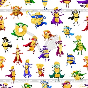 Cartoon pasta superhero character seamless pattern - color vector clipart