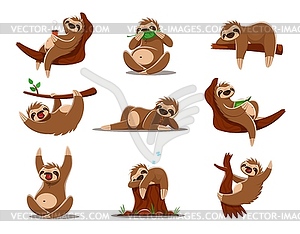 Cartoon sloth characters hanging on tree branches - vector image